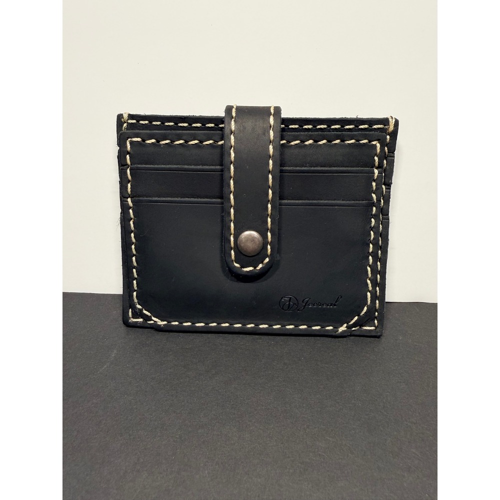Jeereal Black Leather Card Holder Wallet Snap Closure ID Window Contrast Stitch